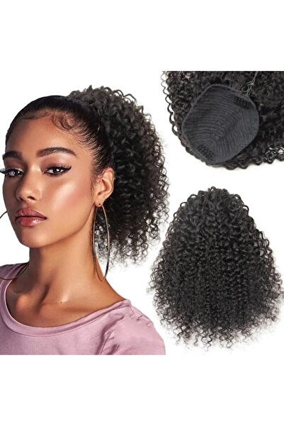 Fukpo Extensie de păr coadă de cal ISHEENY - păr natural, negru, 25 cm, afro creț, cu legături
