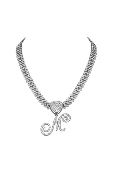 Zaky Colier de damă Flongo cu inițială și pietre, oțel inoxidabil, argint, 50...