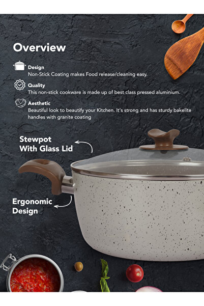 GRANDİ 7 Piece Non-Stick Granite Cookware Set - Brown & Beige (24+24+18 cm)