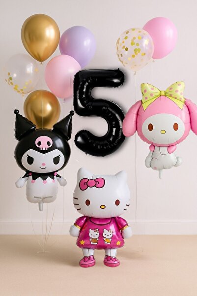 PARTİAVM 5 Yaş Hello Kitty + My Melody + Kuromi Balon Set Doğum Günü Balon Se...