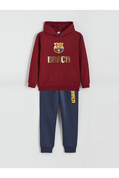 LC Waikiki Lcw Kids Bordo Hooded Barcelona Printed Boy's Tracksuit Set