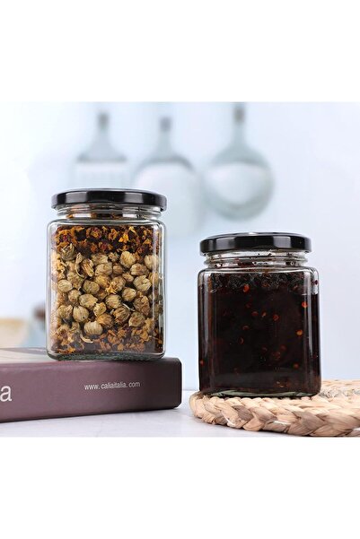 FUFU square jar with black sealed metal regular lid (8oz/200ml), sealed transparent glass jar, used as dessert, coffee beans, seasoning, honey, jam, jelly, total 12 jars