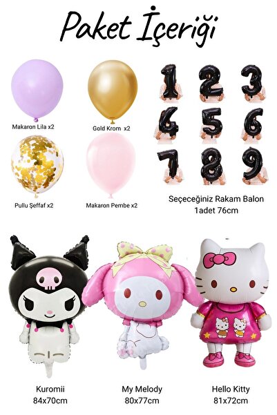 PARTİAVM 2 Rakamlı Hello Kitty + My Melody + Kuromi Balon Set Doğum Günü Balo...
