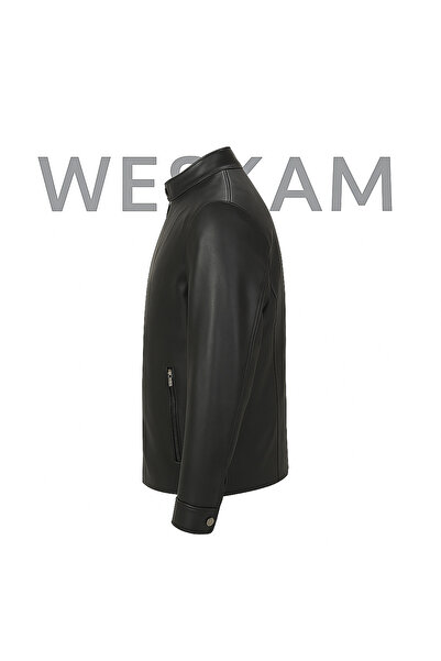 Weskam Men's Black Genuine Leather Coat Zippered Plain Real Leather Jacket Elvs