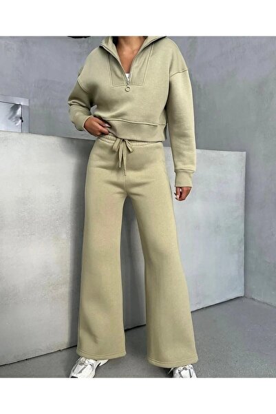 LUSHN Women's Plus Size Half Zip Crop Sweatshirt Sweatpants 3 Thread Double Set