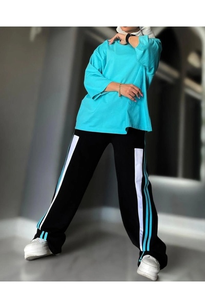 LUSHN Women's Plus Size T-Shirt Sides Stripe Sweatpants Double Set