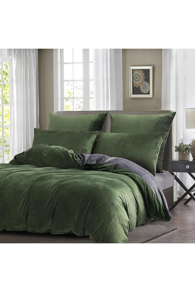 Luofanfei Fleece Bed Linen, Green-Grey, Duvet Cover 200x220 cm, 3-Piece Plush Warm Set