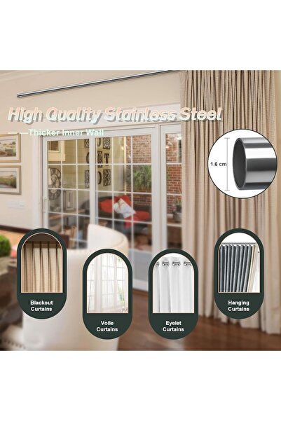 FLY HAWK Extensible Metal Curtain Rod with Rings, 76-226 cm, Adjustable Supports, Silver - CN