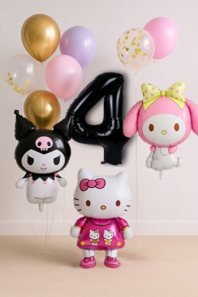 PARTİAVM 4 Yaş Hello Kitty + My Melody + Kuromi Balon Set Doğum Günü Balon Se...