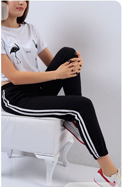 GOLSREY Unisex Black Compact Fabric Filotal Side Double Stripe Sweatpants