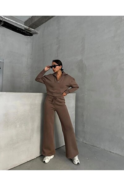 LUSHN Women's Plus Size Half Zip Crop Sweatshirt Sweatpants 3 Thread Double Set