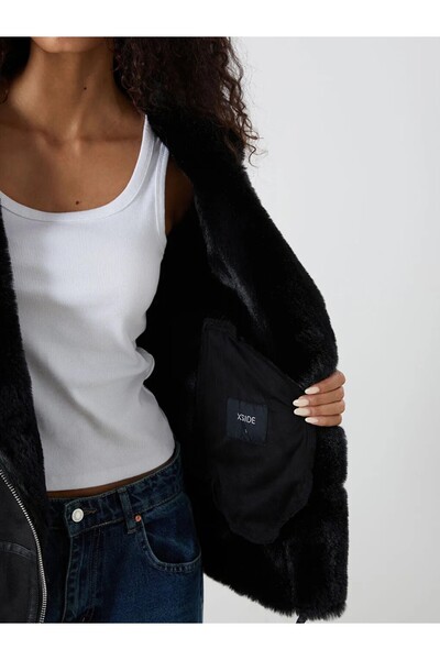 LC Waikiki Xside Black Fur Collar Women's Suede Look Coat