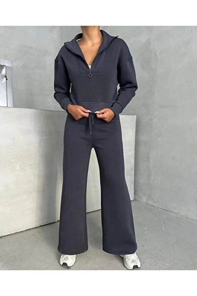 LUSHN Women's Plus Size Half Zip Crop Sweatshirt Sweatpants 3 Thread Double Set