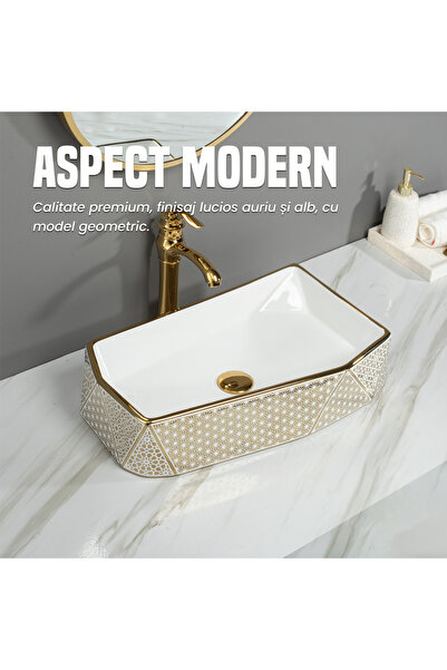 NEXTLY NEXTLY countertop ceramic washbasin, geometric pattern, sanitary ware, 55x33x12cm, gold-white