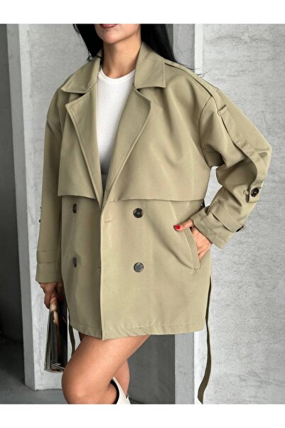 Narstorm Women's Belted Brown Araboy Sleeve Epaulettes Shawl Collar Trench Coat