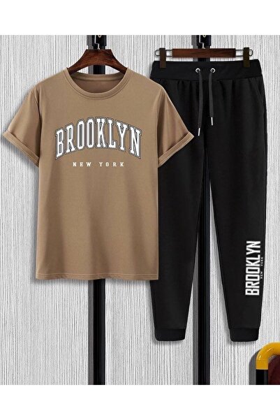 LUSHN طقم تيشيرت بروكلين أبيض بيج مطبوع للأطفال باللون الأسود وبنطلون رياضي ص...