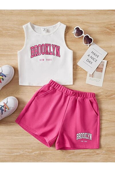 LUSHN طقم تي شيرت قصير بدون أكمام مطبوع عليه بروكلين للأطفال مع شورت