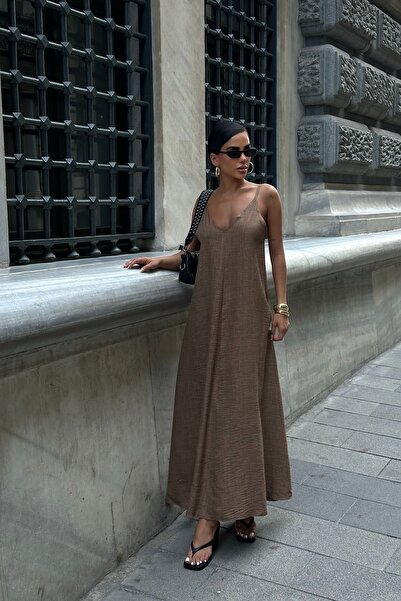 World Fashion Trends Γυναικείο ΜΑΚΡΥ ΦΟΡΕΜΑ ΑΝΟΙΧΤΟ ΚΑΦΕ Υφασμάτινο με ρυθμιζόμενο λουράκι