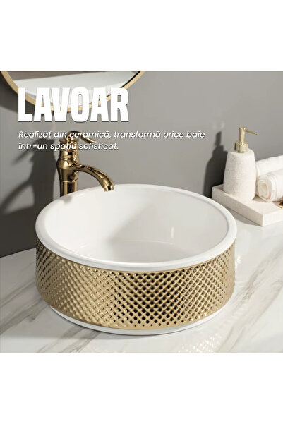 NEXTLY NEXTLY countertop ceramic washbasin, sanitary ware, round, 43x43x16cm, white-gold