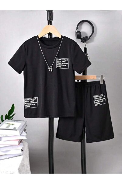 LUSHN Children's Text Design Printed Bottom-Top Set Cotton Shorts T-Shirt Set