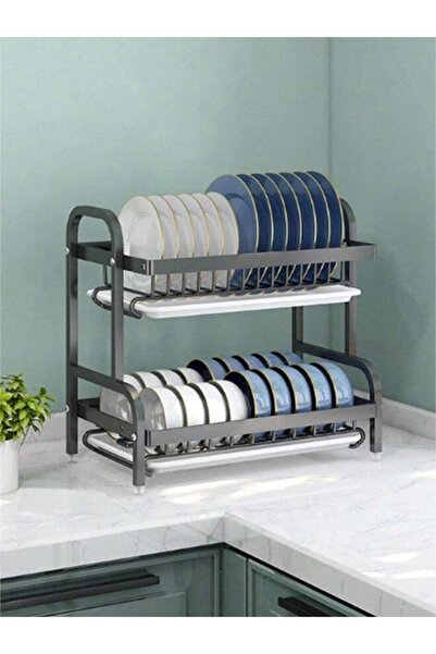 Alcoach حامل أدوات المطبخ ذو طبقتين من الفولاذ الكربوني لتجفيف الأطباق فوق الحوض