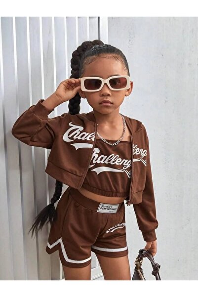 LUSHN Girl's Challange Printed Crop-Cardigan-Shorts Set