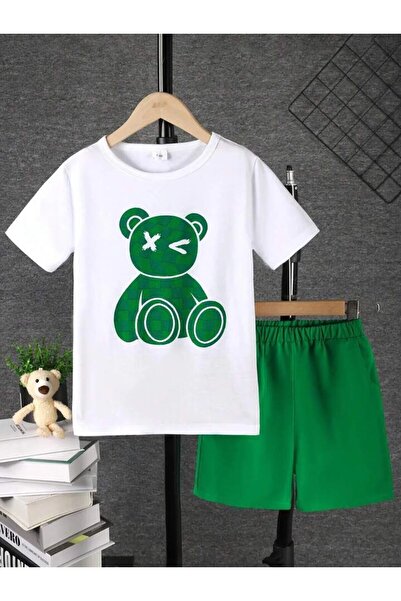 LUSHN Kids Teddy Bear Printed Top and Bottom Set Cotton Shorts T-Shirt Set
