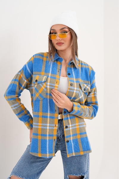 MAMAYAGA Women's Pattern Block Lumberjack Oversized Loose and Wide Fit Casual Pocket Collared Jacket Shirt