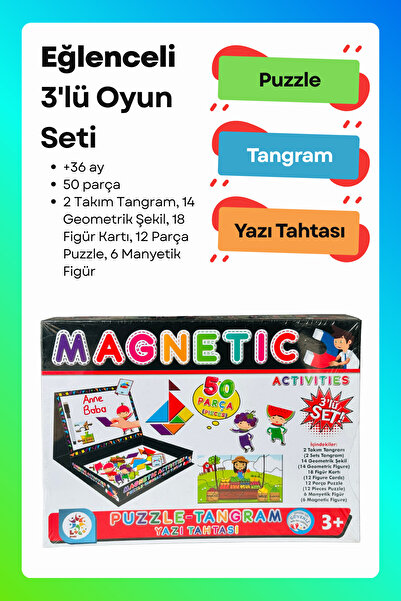 Utku Oyuncak Magnetic Puzzle-Tangram-Yazı Tahtası 50 Parça Manyetik Oyun Seti