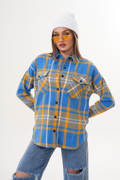 MAMAYAGA Women's Pattern Block Lumberjack Oversized Loose and Wide Fit Casual Pocket Collared Jacket Shirt