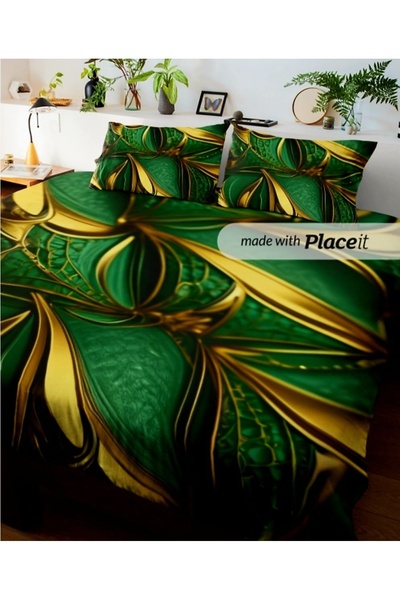 Elmas Dizayn Special Design Luxury Double 5D Bedding Set 240X260 cm Cotton Satin Gold Green King Size