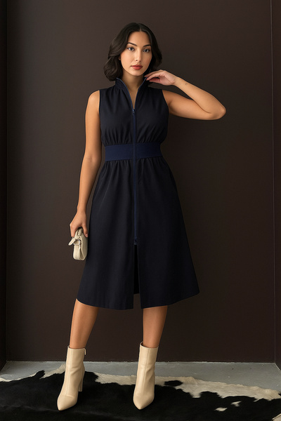 MAMAYAGA Women's Mock Neck Front Zipper Slit Spring Summer Elastic Waist Stylish Jacket Dress