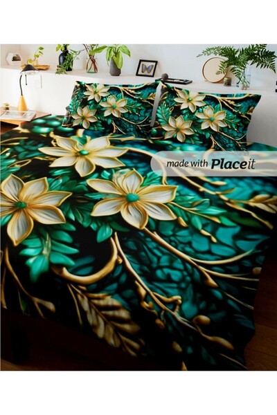 Elmas Dizayn Special Design Luxury Double Bedding Set 240X260 cm Cotton Satin Green Flower King Size