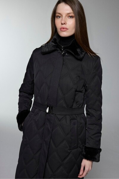 Zühre Quilted Coat with Plush Collar and Sleeve Detail