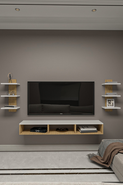 BlackSea Dekoratif Raflı Tv Ünitesi,Beyaz-Atlantik Çam,Portatif Minifix Kurulum
