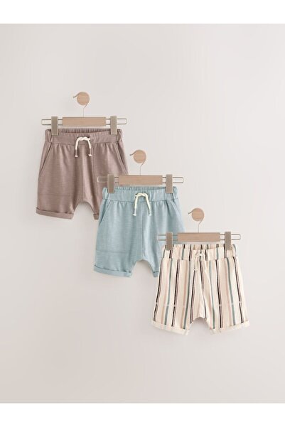 Next Baby Cotton Mineral Blue/Striped/Brown Lightweight Jersey Shorts Set of 3