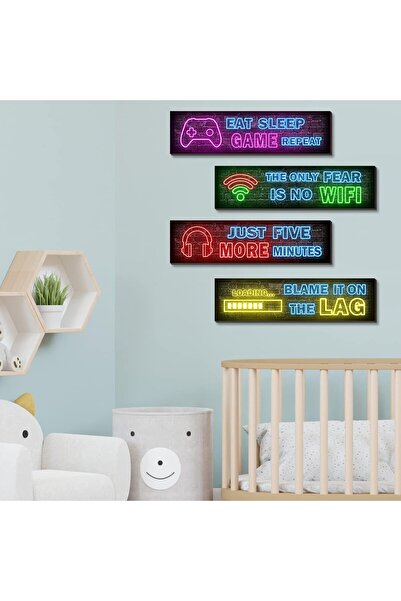 Generic Printed Neon Gaming Wall Art - Wooden 4-Piece Multi-Color Signs for Boys' Rooms