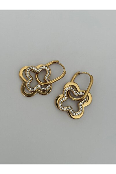 marsel aksesuar Yonca Model Zircon Stone Dangle Gold Steel Vip Earrings