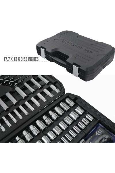 Amazon basics مجموعة مقابس ميكانيكية مكونة من 201 قطعة مع حقيبة