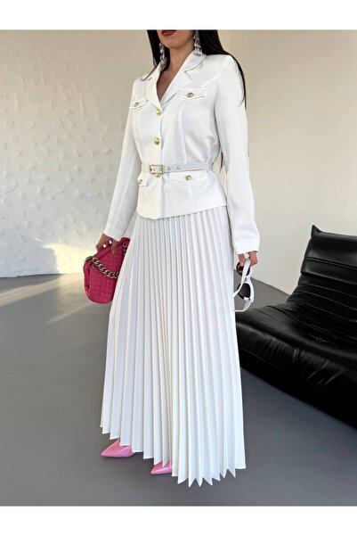 SUXİRCNHTMTS Γυναικείο Σετ Μίνι Φούστα με Πλισέ & Μπλέιζερ με Ζώνη - Τάση Συνδυασμού