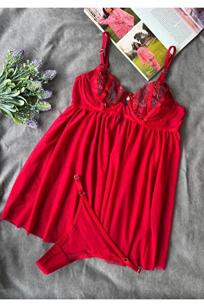 La Linaa Romantic Luxury Red Lace Transparent Thong Nightdress Set