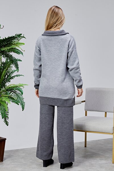 Jinx Wear Fashion Double Color Paneled Zipper Collar Wide Comfortable Oversized Acrylic Women's 2-Piece Knitwear Set