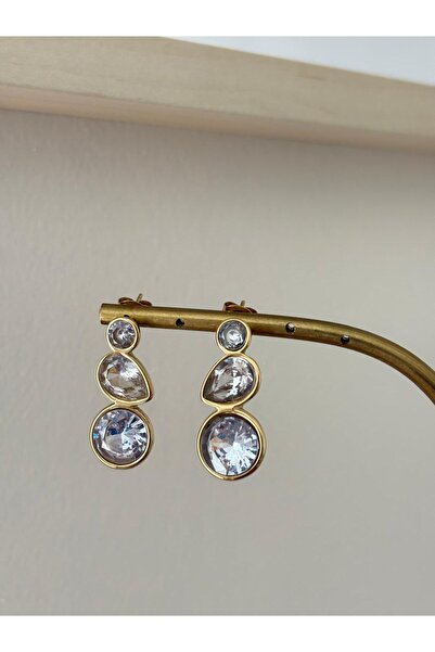 marsel aksesuar Round and Drop Model Crystal Stone Gold Steel Vip Earrings