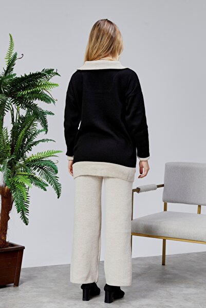 Jinx Wear Fashion Double Color Paneled Zipper Collar Wide Comfortable Oversized Acrylic Women's 2-Piece Knitwear Set