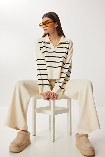 Lovelyİstanbul Set pantaloni pulover tricotat cu dungi LCI0054 BLACK BONE