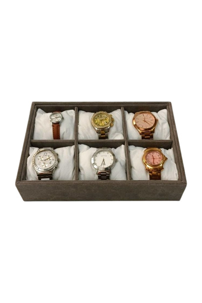 MHR Kutu Tasarım Ahşap Üzeri Gri Kadife Kumaş Kaplama 6'lı Saat Kutusu