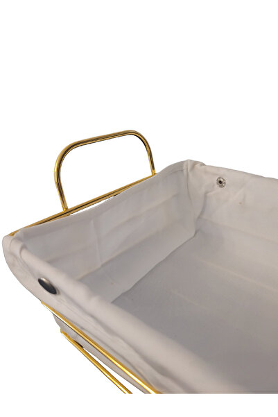 OEM Rectangular gold metal bread and pastry basket with white removable cover, 26 x 19 cm