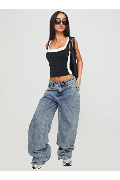 World Fashion Trends 4097 Black and White Strapped Flexible Crop Top Bluse