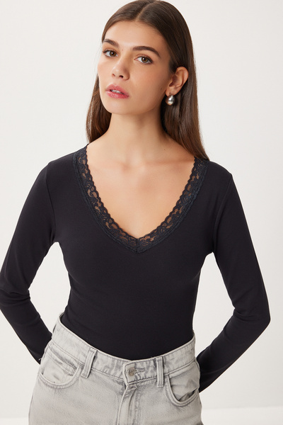 Lovelyİstanbul Lace Detailed Knitted Blouse Lub0312 Black