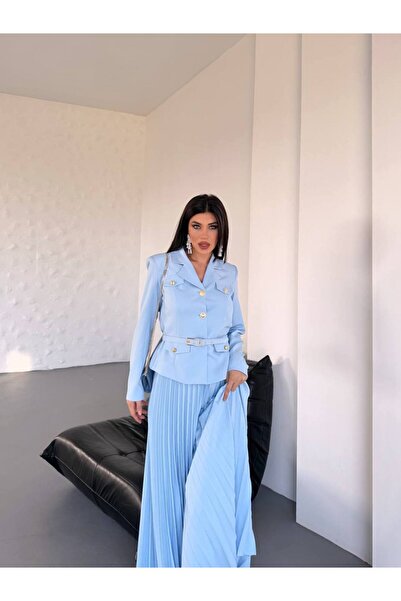 SUXİRCNHTMTS Γυναικείο Σετ Μίνι Φούστα με Πλισέ & Μπλέιζερ με Ζώνη - Τάση στον Συνδυασμό